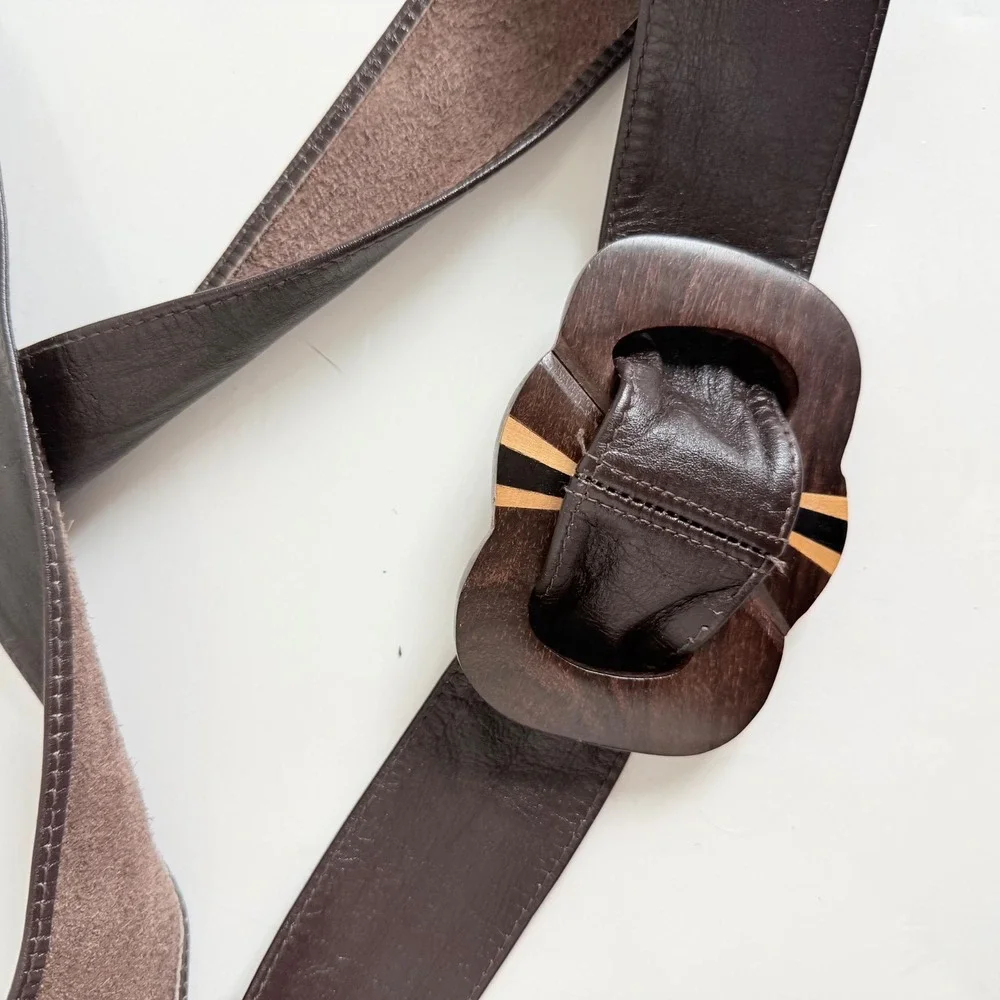 Vintage Women's Wooden Buckle Leather Tie Belt‎